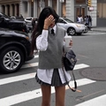 Preppy grey V-neck knit vest layered with white shirt and pleated mini skirt set - S / Gray