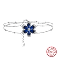 Bracelet élégant en argent sterling S925 avec fleur en zircon bleu et chaîne double couche - Style fleur bleue