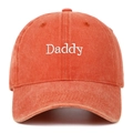 Close-up of white Daddy embroidery on vintage washed cotton orange baseball cap - One Size / Orange
