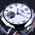 WINNER automatic mechanical watch with white skeleton dial and blue Roman numerals - Black Leather Strap / White