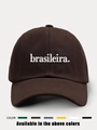 Detail of embroidered brasileira logo on vintage adjustable cotton baseball cap in brown - Adjustable / Coffee
