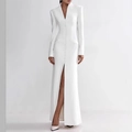 Elegant white V-neck long-sleeve dress with button detail and high side slit - S / White