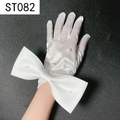 Close-up of white satin bridal glove featuring pearl embellishments and a large bow - White Satin Large Bowknot Scattered Pearls (ST082)