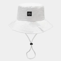 White cotton sun hat with minimalist smiley face patch and adjustable windproof chin cord - One Size / White