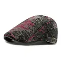 Stylish washed denim flat cap with floral pattern and vintage side metal buckle - Adjustable / Black