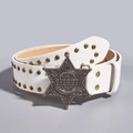 White punk style leather belt with double gold studs and star sheriff buckle - White