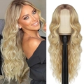 Long wavy blonde lace wig with dark roots shown on model and mannequin stand - Brown to Light Blonde Ombre