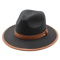 Classico cappello Fedora nero in paglia con fascia in cuoio marrone e fibbia in metallo - M (56-58cm) / Nero