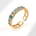 Minimalist adjustable gold ring with light blue and grey enamel rectangular patterns - Purple and Blue Checkerboard (AJ755)