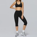 Women's black two-piece yoga set with deep V-neck tank top and high-waisted capri leggings - Black (Bra+Capris)