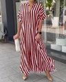 Close-up of women's fashion vertical red and white striped maxi dress with side split design - S / Bottoms / Red