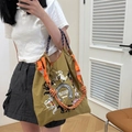 Borsa tote giallo senape con ricamo equestre e manici in corda intrecciata - M / Ricamo di Cavallo Cachi