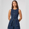 Completo denim da donna con gilet senza maniche e pantaloncini a vita alta blu scuro - S / Blu scuro