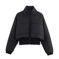 Women's black cropped puffer jacket with stand collar and zipper closure on white background - S / Black