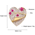 Golden heart brooch with pink floral rhinestones and white crystals 3.4x3.1cm - Pave Rhinestone Heart Flower (QT0342) / Gold