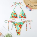 Women's vibrant multi-color tie-dye bikini set with triangle halter top and side-tie bottoms - S / Light Green