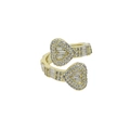 Close-up of heart-shaped open ring with micro-paved baguette and round zircons - US Size 5 / Gold