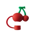 Silicone straw topper in cherry shape with red fruit and green leaves design - Cherry