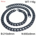 Polished black stainless steel cuban link necklace 650mm and bracelet 210mm set for men - Necklace 65cm + Bracelet 21cm (KS220793-Z)