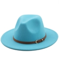 Detail of light blue wool felt fedora with brown leather belt and silver metal buckle - Lake Blue