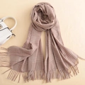 Winter pink and khaki plaid cashmere scarf with fringes, elegant classic british style - Pink