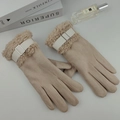Women's warm khaki suede touch screen gloves with faux fur trim and buckle detail - One Size / Beige