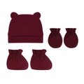 Ensemble bébé 3 pièces en tricot bordeaux avec bonnet à oreilles d'ours et moufles - Bordeaux