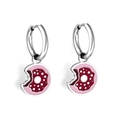 Minimalist stainless steel earrings featuring pink and red bitten donut charms - Silver Donut