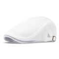 Breathable white mesh flat cap for summer with adjustable bronze side metal buckle - White