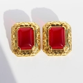 Vintage style gold-plated earrings featuring rectangular red resin stones and scrollwork - Vintage Red Rectangular Gem (Style 7) Stud