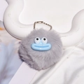 Funny grey plush pompom keychain featuring a quirky blue sausage mouth design - Bead Chain Style / Gray