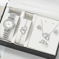 Elegante conjunto de reloj y joyas de plata con diamantes de imitación y corazones - Plata diamantes (Juego de 5 piezas)