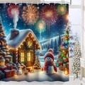 Detail view of waterproof polyester Christmas shower curtain featuring snowman and tree - Snowy Night Fireworks Snowman (24-2) / 90*180cm