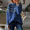 Detailed close-up of blue knit sweater collar with classic Nordic geometric patterns - S / Tops / Blue