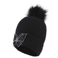 Women's black knit beanie featuring a faux fur pompom and a sparkling rhinestone butterfly - Adult / Black