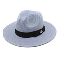Detail of blue straw fedora hat featuring black ribbon and gold bee metal buckle ornament - M(56-58cm) / Sky Blue