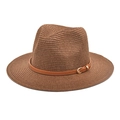 Close-up of brown straw Panama hat with leather band and gold buckle detail - Coffee
