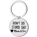 Silver stainless steel keychain engraved with 'Don't Do Stupid Shit' and heart symbol - Steel STUPID SHIT-MOM&DAD