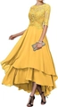 Elegant yellow lace evening gown with 3/4 sleeves and irregular high-low chiffon hemline - US 2 / Top And Bottom / Mustard Yellow