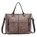 Brown vintage PU leather tote bag with double zipper pockets and adjustable shoulder strap - Pink