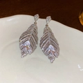 Sparkling silver leaf drop earrings with cubic zirconia and pear-cut stone crystals - 27# Silver Gorgeous Feather Leaf Drop Earrings with Zircon and Silver Earring Post