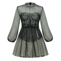 Elegante zwarte Franse mesh stippenjurk met transparante pofmouwen en korsetontwerp - L / Zwart Mesh