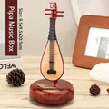 Vintage dark wood lute music box with rotating base and gold plaque, 9.5x20.5cm - Pipa Style (YL2051)