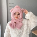 Pink plush hooded scarf with bear ears made of soft faux rabbit fur for women - Pink - [With Bear Ears]