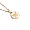 Detail of a round gold pendant featuring a butterfly design on a white inlay base - Gold Round Butterfly Shell Inlay