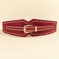 Red wide elastic waist belt with gold rivet studs and square buckle for women - Burgundy