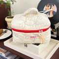 Detail of red rabbit quilted cotton cosmetic bag with stay cute embroidered label - White Large Cosmetic Bag