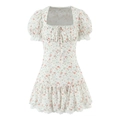 Witte mini-jurk met bloemenprint, pofmouwen, vierkante hals en roze motieven - S / Witte Bloemenprint