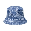 Detail of blue elephant and bohemian geometric patterns on white cotton bucket hat - M (56-58cm) / White with Blue Ethnic (D)