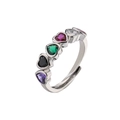 Silver open ring featuring five colorful heart-shaped gemstones in a bezel setting - Adjustable Open / Platinum Multi Zirconia